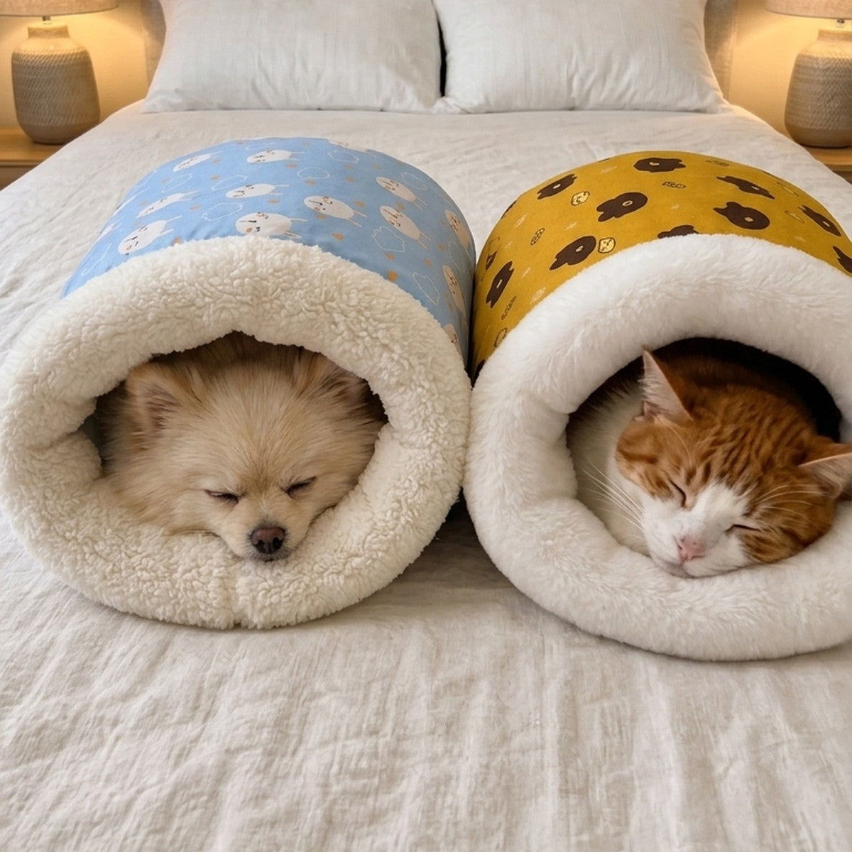 Burrowly cozy burrow beds in Sky Blue and Honey Yellow with a dog and a cat sleeping inside