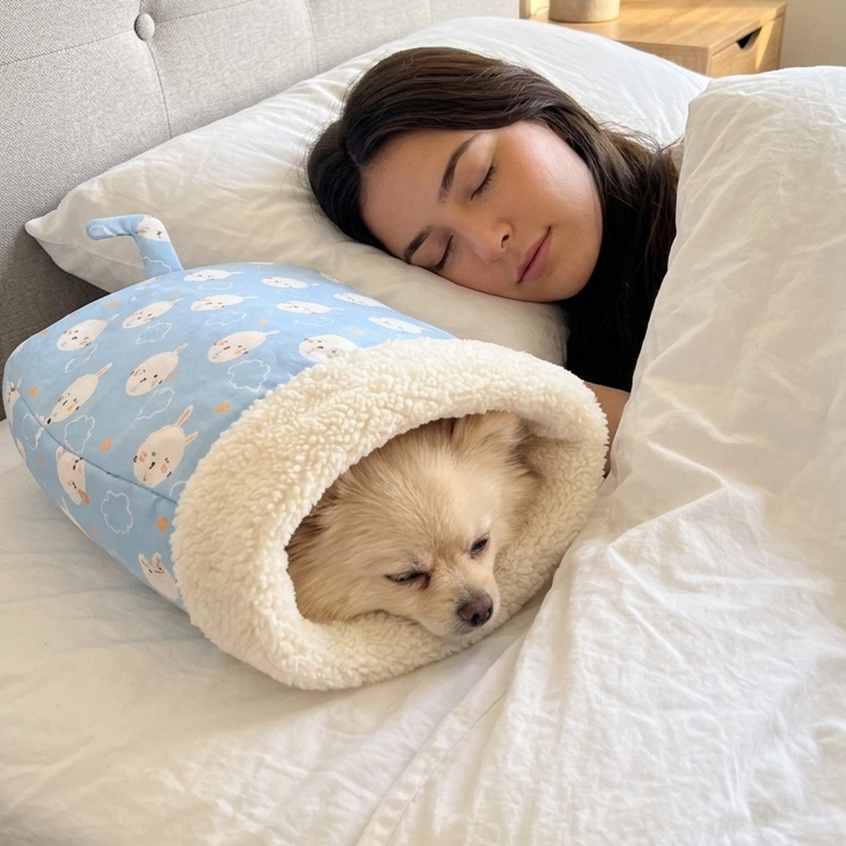 Small dog sleeping inside Burrowly next to its owner