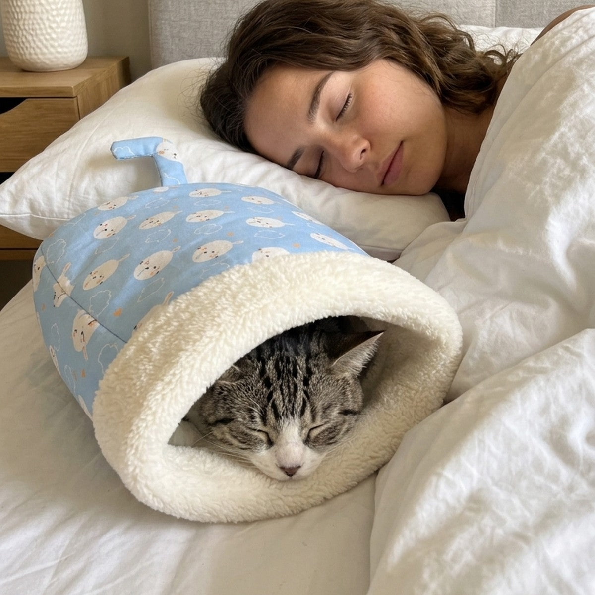 Cat sleeping inside Burrowly on the bed