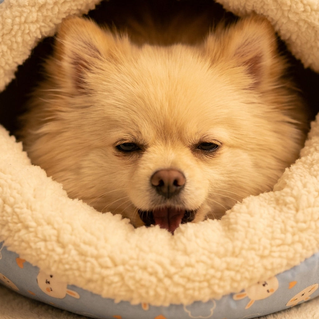 Pomeranian peeking out of the sherpa lining