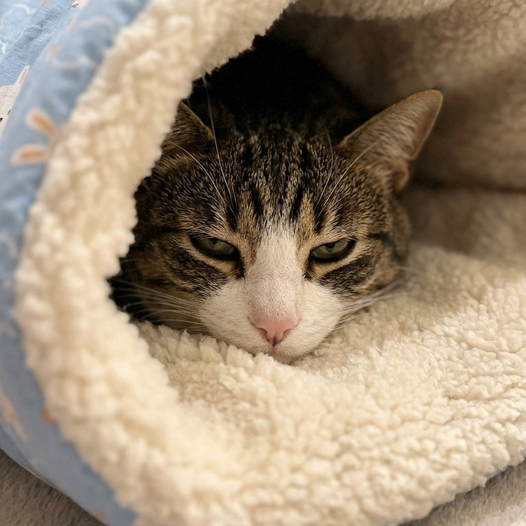 Tabby cat cozy inside the sherpa lining