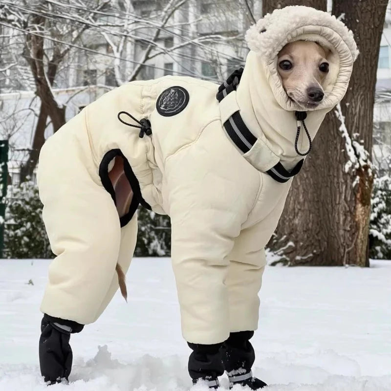 Side view of the full-body dog snowsuit