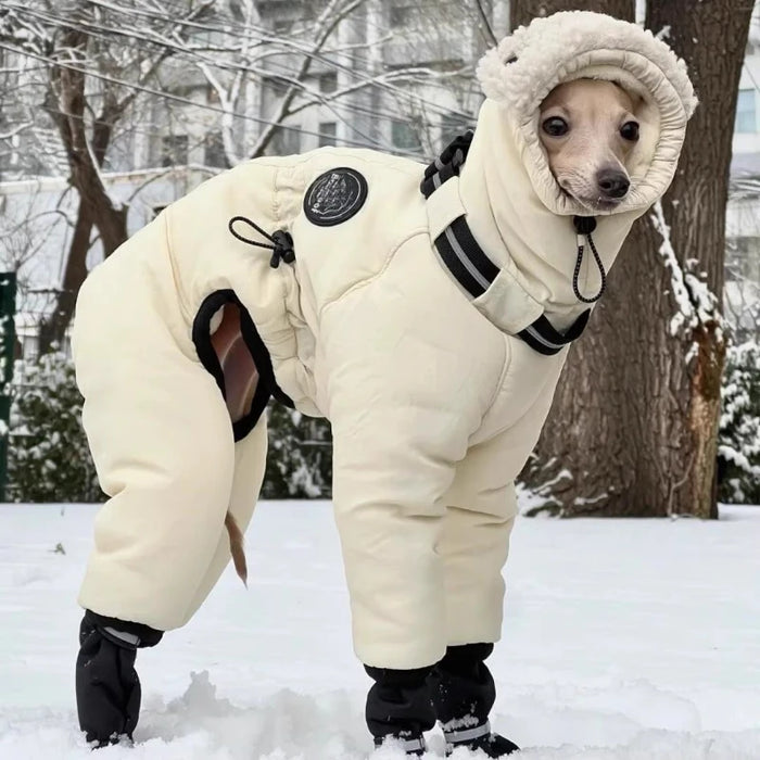Side view of the full-body dog snowsuit